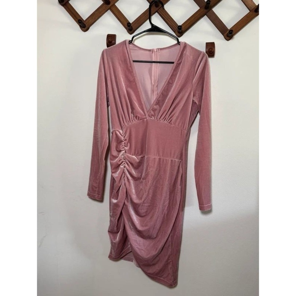 Dusty Pink Velvet Mini Dress Ruched Long Sleeve Deep V-Neck Small